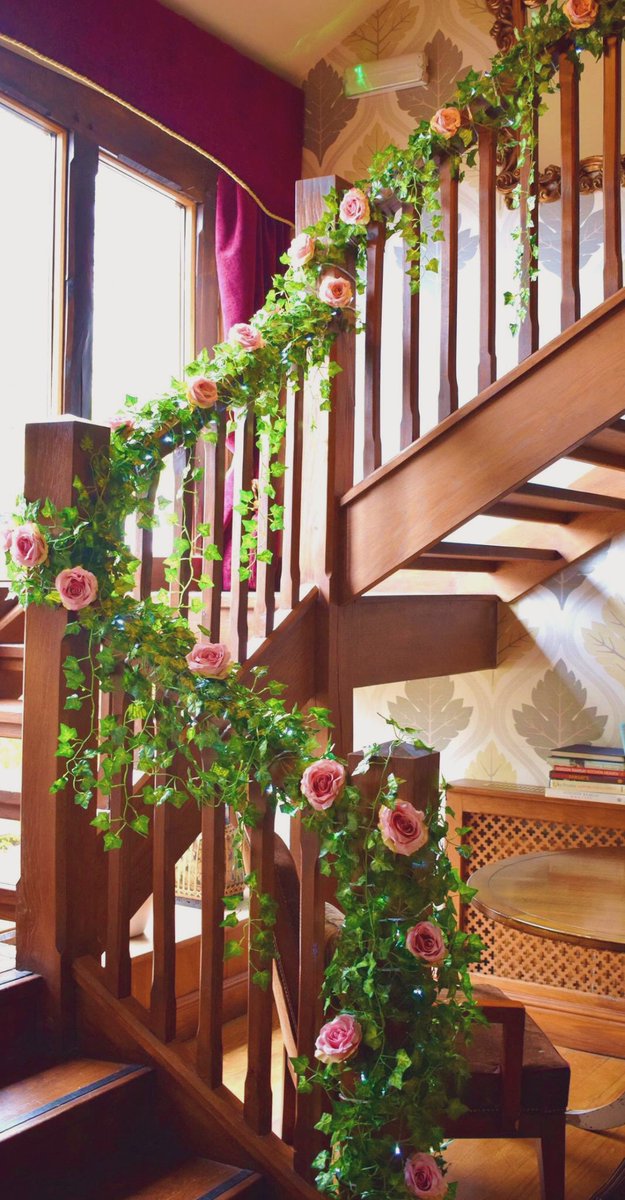 Wedding Breakfast set up at <a href="/thederbytreales/">Derby Arms Treales</a> #pinkwedding #weddingday #venuedecor #northwestweddings #staircasedecor #loveourjob