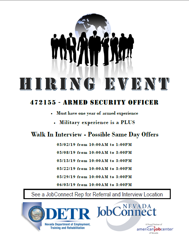 EmployNVSouth's tweet photo. Security company is hosting several hiring events during May and June. Come see a JOBCONNECT Representative for more details, location, and a referral for this opportunity!
#Hiring https://t.co/b9xfN99i83