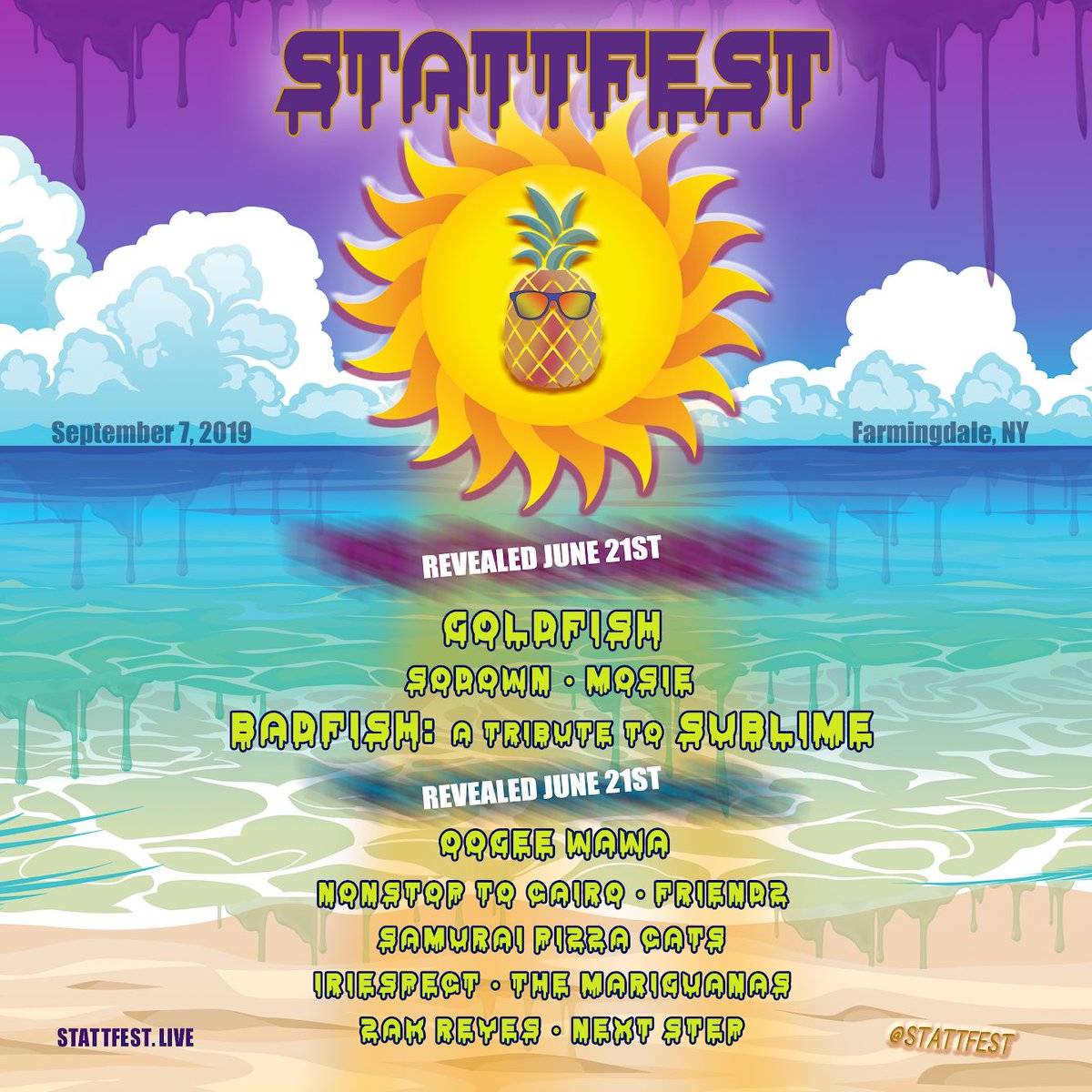 The official @FestStatt lineup is dropped! Gonna be a sick show, get your early bird tickets while they last!  
.
#GetHereStatt #stattfest #summer #summerfestival #summermusicfestival #musicfestival #summerfest #festival #longisland #longislandmusic #sublime #reggae #electrofunk