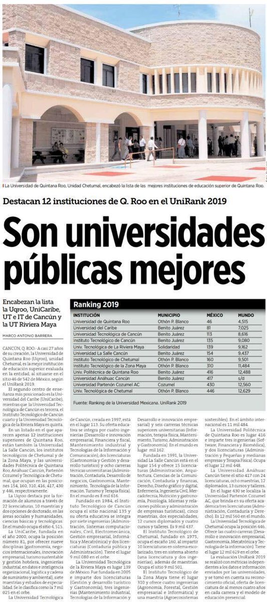 #EducaciónSuperior #QuintanaRoo destaca con sus #UniversidadesPúblicas <a href="/uqroo_mx/">Universidad Autónoma del Estado de Quintana Roo</a> <a href="/UcaribeOficial/">Universidad del Caribe</a> @itcun <a href="/UTCancun/">UT Cancún BIS</a> <a href="/IT_Chetumal/">TecNM - Chetumal</a> entre otras <a href="/chetubien/">Comunidad Chetubien</a> <a href="/cancunmio/">CancunMio.com</a> <a href="/GriseldisDomin1/">Griseldis Dominguez</a> <a href="/FatimaConcha2/">🐚 Fatima</a>