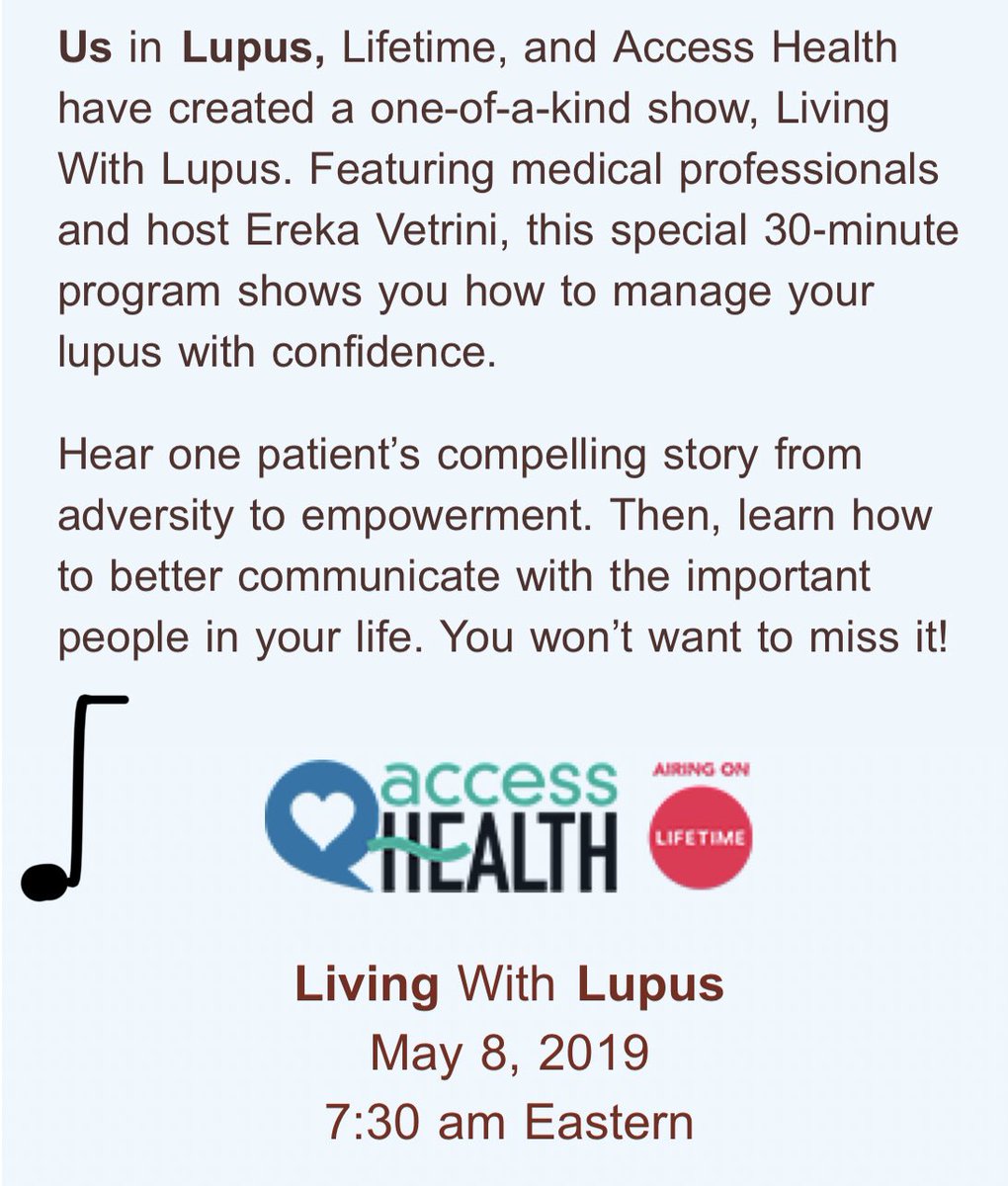 thelupusliar's tweet photo. Yes!! FINALLY! A show for #lupuspatients! Thank you #USinLupus @GSK @AccessHealthTV and @lifetimetv @ErekaV is going to rock this #lupusshow! #lupusawarenessmonth #lupusisreal https://t.co/TPUQOl1bjT
