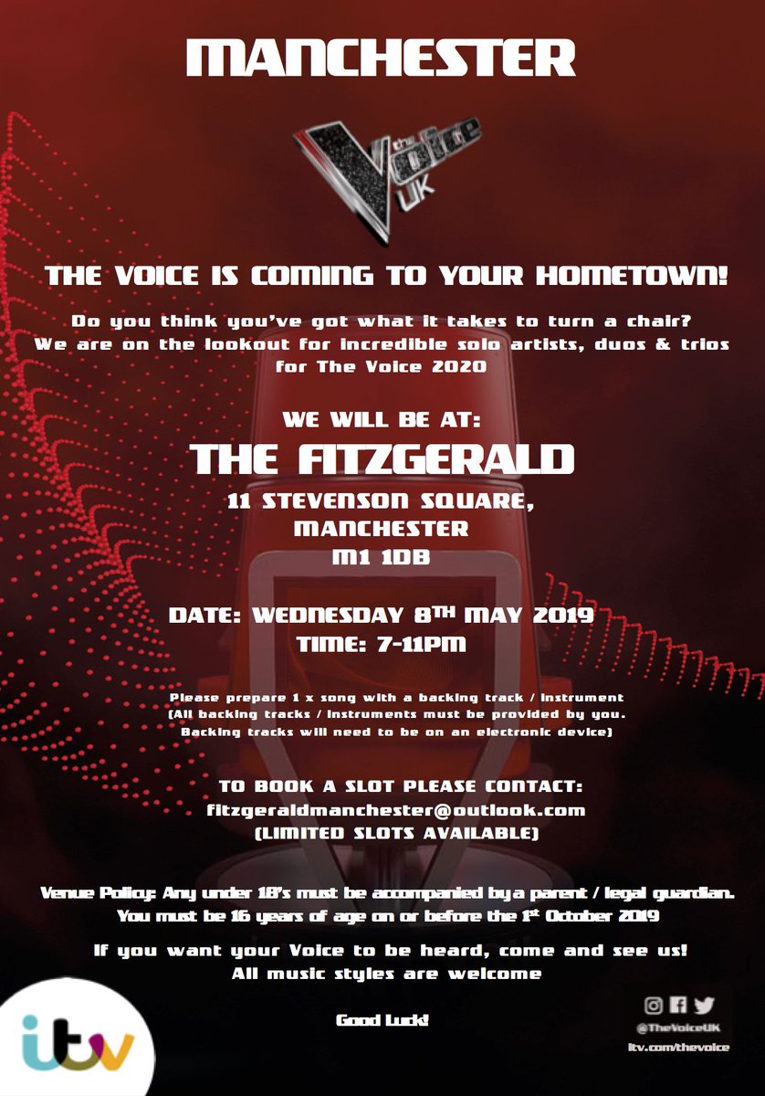 Hello there guys! It's been awhile, but in one of our Venues we got an amazing opportunity for the musicians of manchester! In our own <a href="/TheFitzgeraldNQ/">The Fitzgerald</a> which is located just above us we going to host an open mic night on 8th of may with the scouts from THE VOICE UK. Limited slots