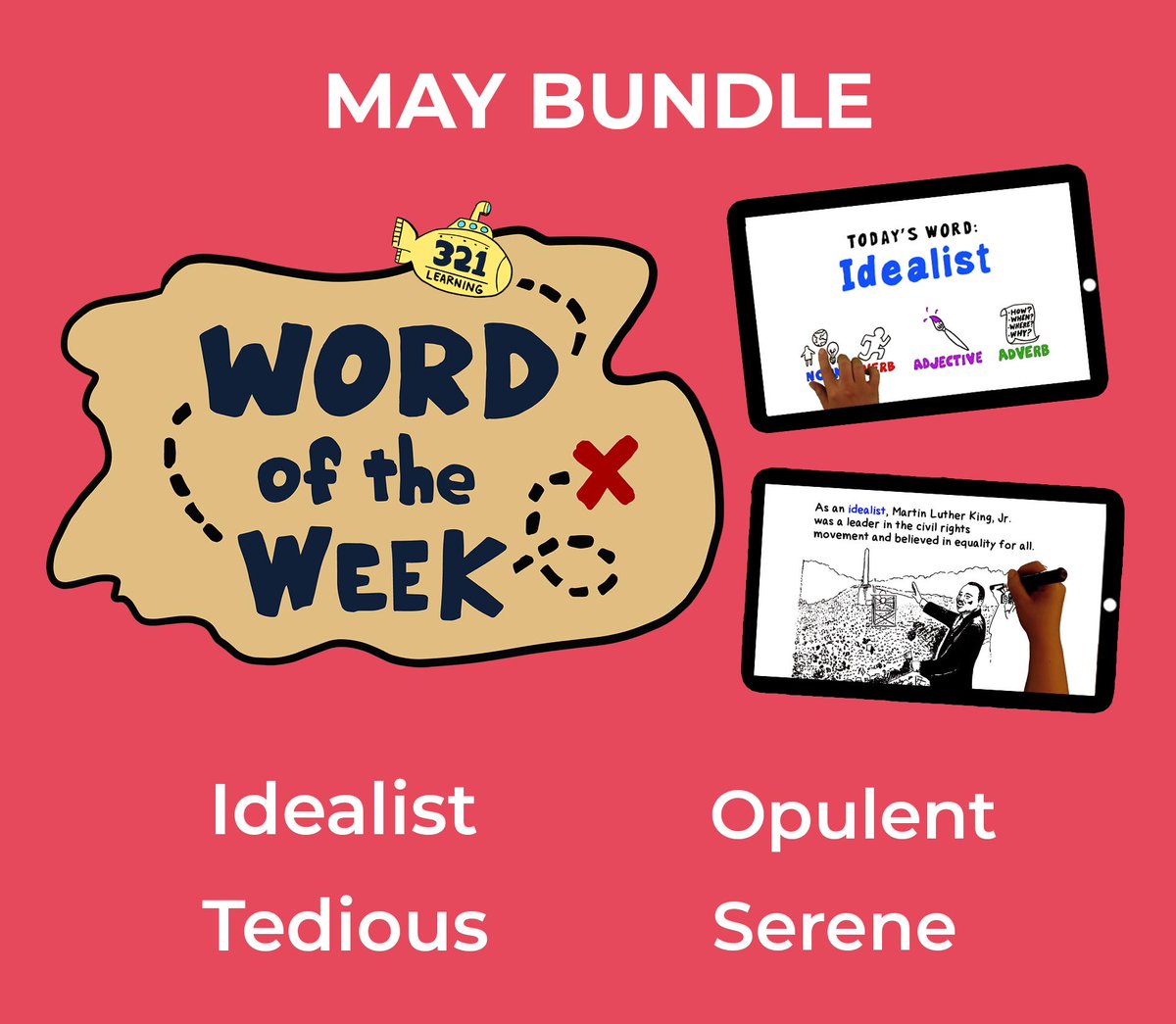 321Learning's tweet image. Learning is never #tedious with our #wordoftheweek program! Our May bundle features an entire month of instruction. You get four whiteboard videos, activities galore, and editable google quizzes for $4.00! 😁
 #idealist #opulent #tedious #serene
 
 teacherspayteachers.com/Product/May-Wo…