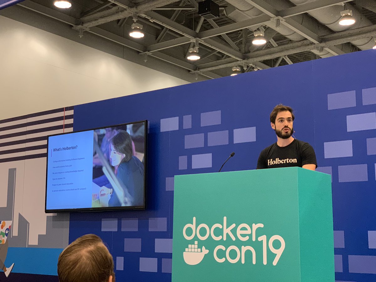 cyrjulien's tweet image. .@SylvainKalache, co-founder of @holbertonschool is speaking at #dockercon19 about how @Docker helps to change education