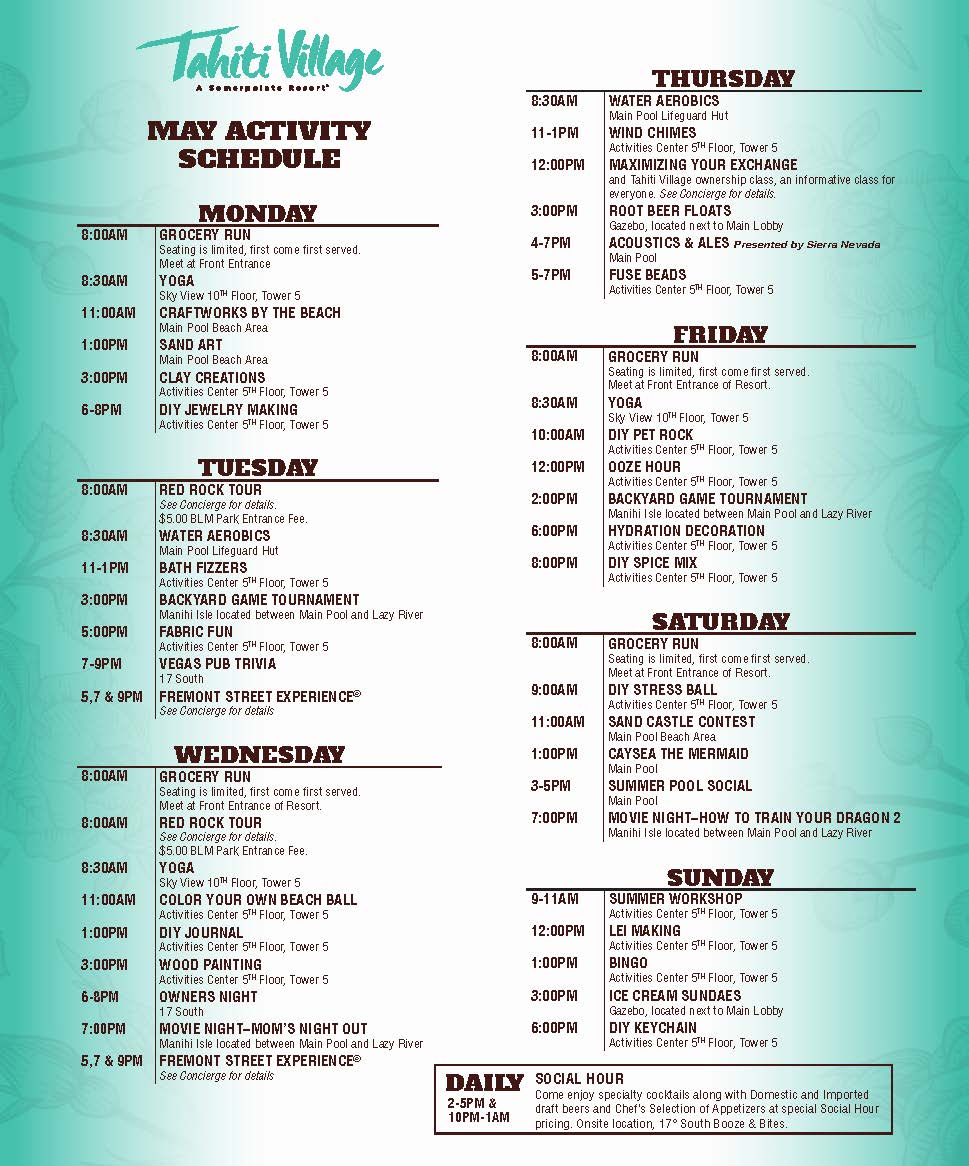 TahitiVillage's tweet photo. We are so excited to share with you this month's activities schedule full of fun for the whole family. If you are coming out in May take a minute and pick out the ones you will like to take part in!
#TahitiVillage #ResortActivities #FunForTheFamily #FamilyVacation #SoundSoFun https://t.co/lRNluz6Fw7