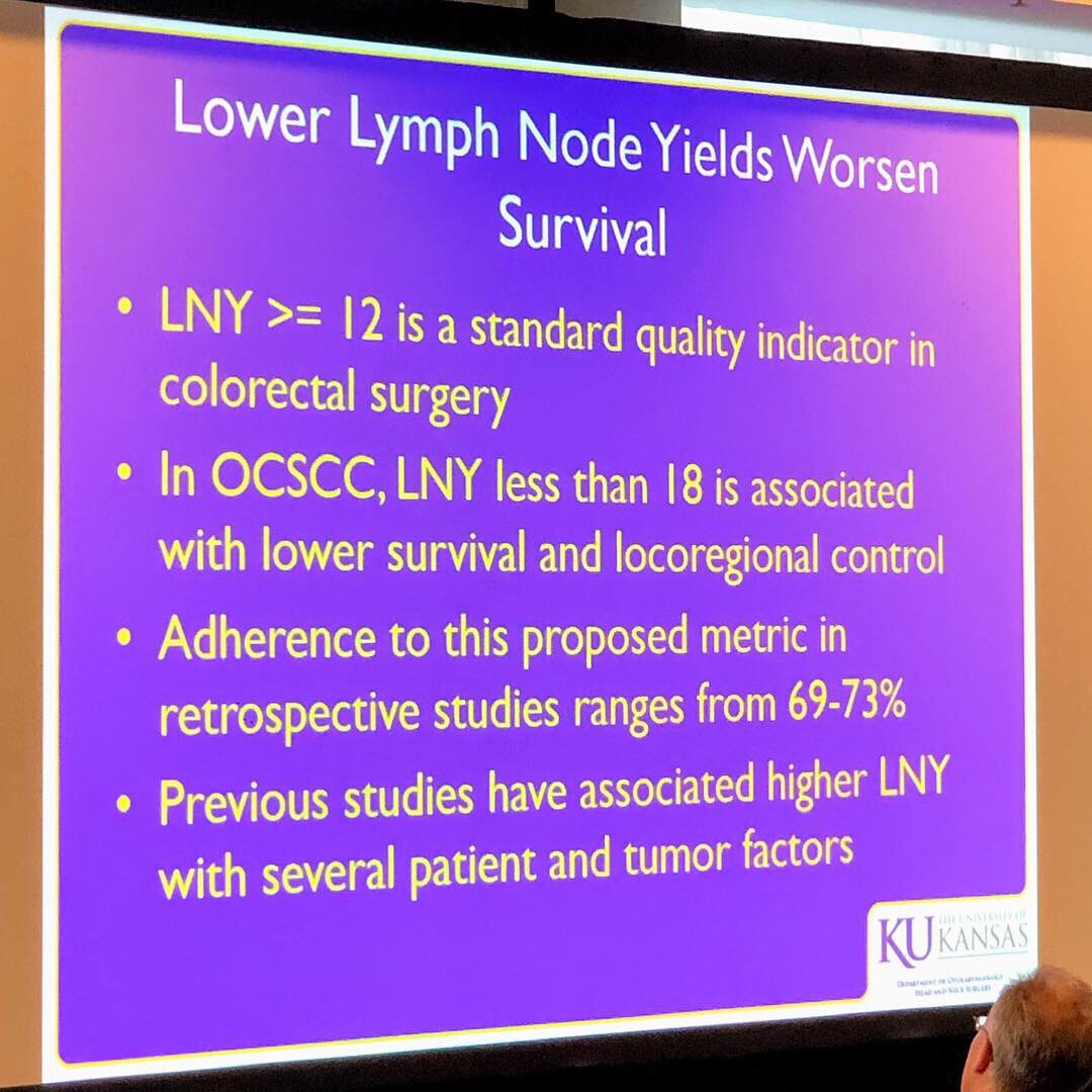 KU_ENT's tweet photo. Lymph node yields below the standard quality indicator level (18 in neck dissection for #OCSCC) is associated with lower survival rates. @KU_ENT we found that implementing a pathology protocol significantly improves results. #2019COSM #AHNS2019 #ENTsurgery https://t.co/kui6hdOZIA