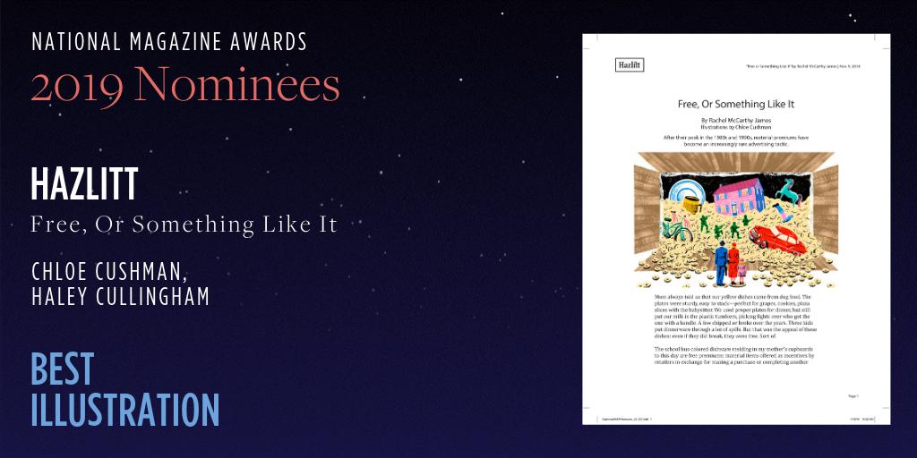 Nominated in Illustration is <a href="/ChloeCushman/">Chloe Cushman</a> for their piece "Free, Or Something Like It" in <a href="/Hazlitt/">Hazlitt</a>. Congratulations! #NMA19 bit.ly/2GO0Xa2