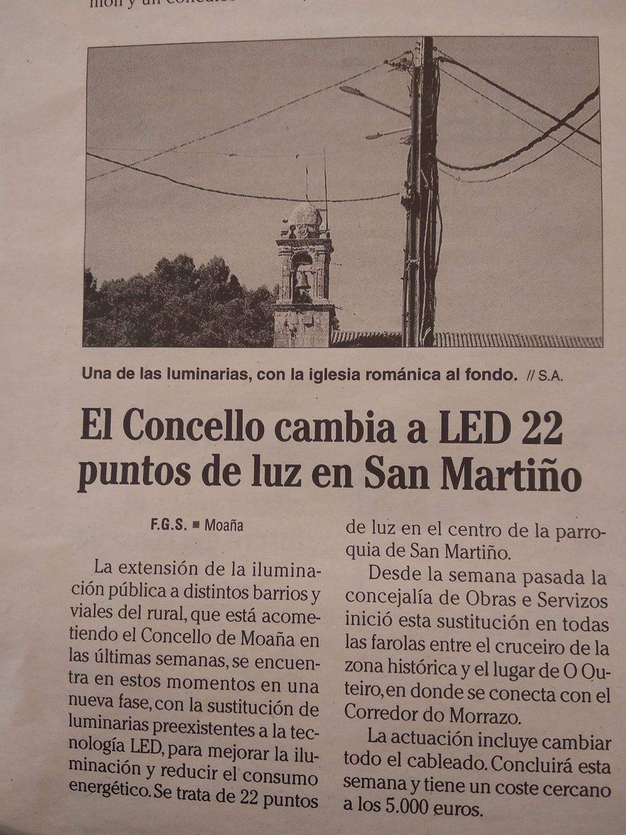 Mellorando a calidade lumínica na parroquia de San Martiño mediante a substitución das antiguas luminarias por outras con sistema led.
Pequenas actuacións que transforman os nosos barrios.
#ObraseServicios
#AMoañaQueQueres