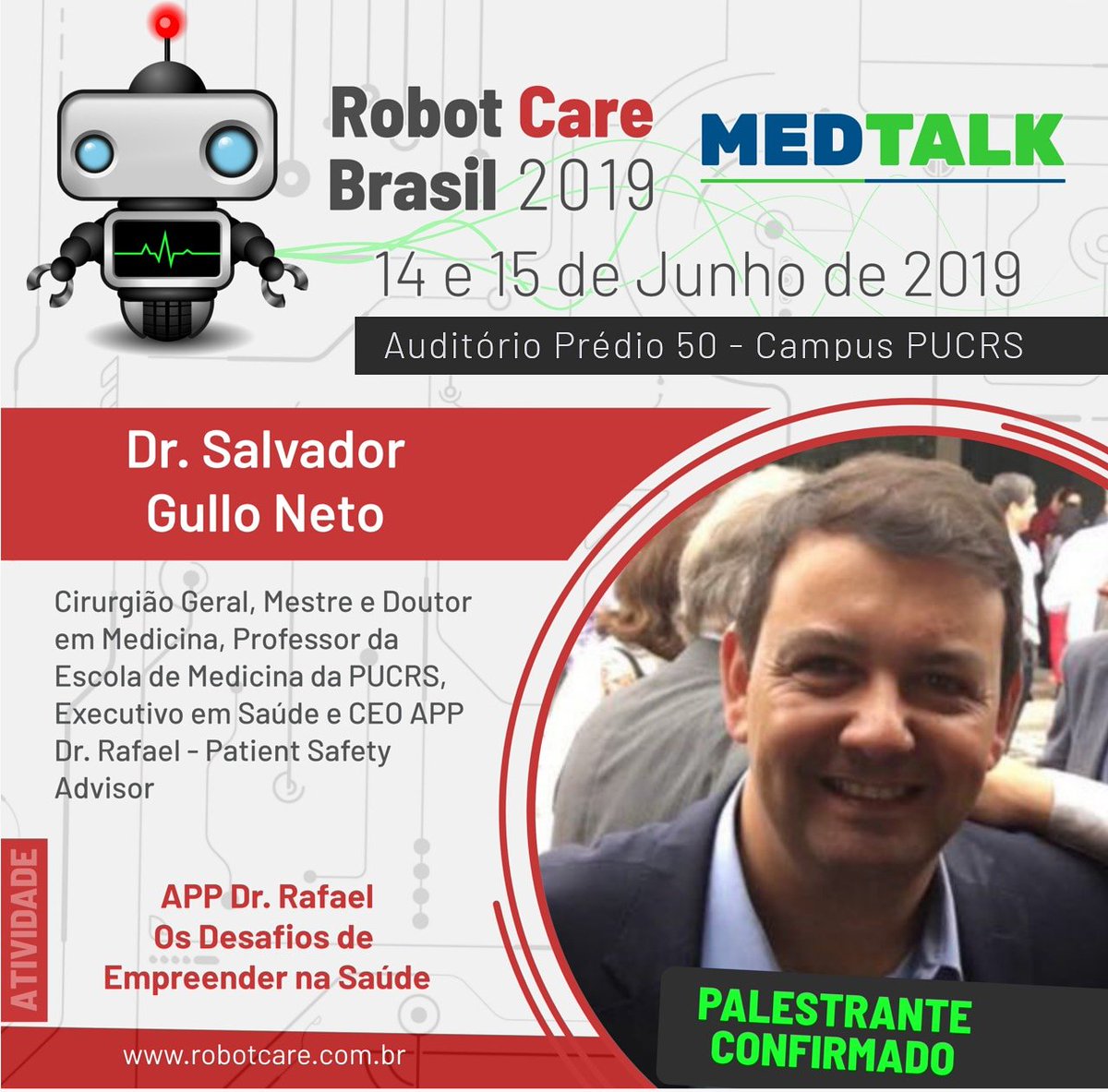robot_care's tweet photo. Dr. Salvador Gullo Neto confirmou sua participação no #robotcarebrasil!
Ele abordará o tema: Desafios de Empreender na Saúde - App Dr. Rafael!
Saiba mais através do site: https://t.co/ACqMjRwzAQ
🔝🔝🔝🔝 https://t.co/OtCCFH9W6O