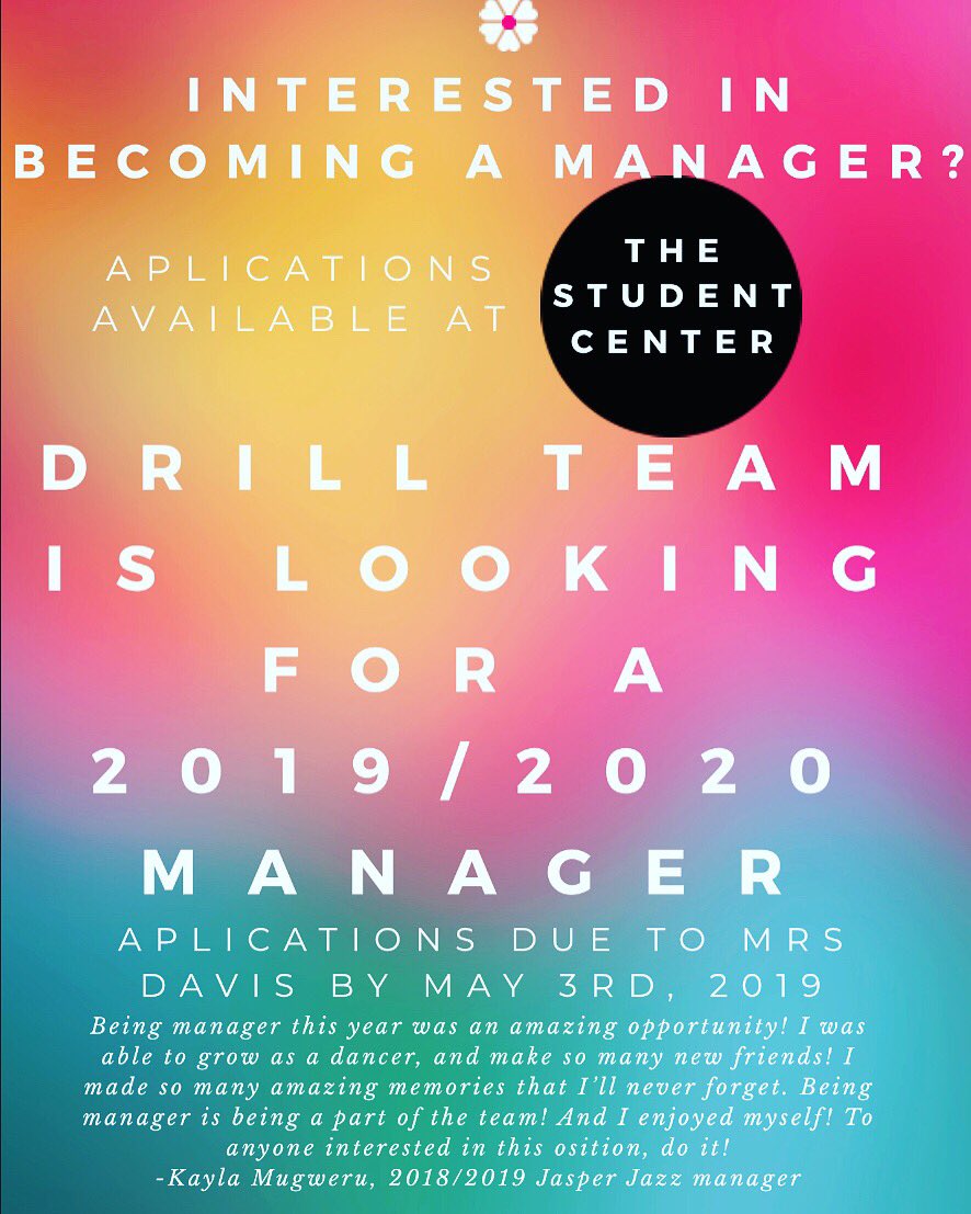 jasperjazzdance's tweet photo. Are you interested in being a Jasper Jazz manager?! It’s not too late, grab an application online at https://t.co/VNCvYEcHTU or in the JHS student center! https://t.co/8rS2otDw8f