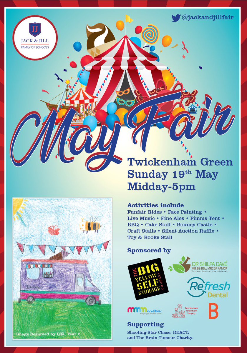 Friendsjackjill's tweet photo. Not long to go until the @JackandJillFair on Twickenham Green 
Sunday 19th May from noon till 5pm
Promises to be a fun day out #fairground #food #beer for all the family! https://t.co/TU65Nfgqam