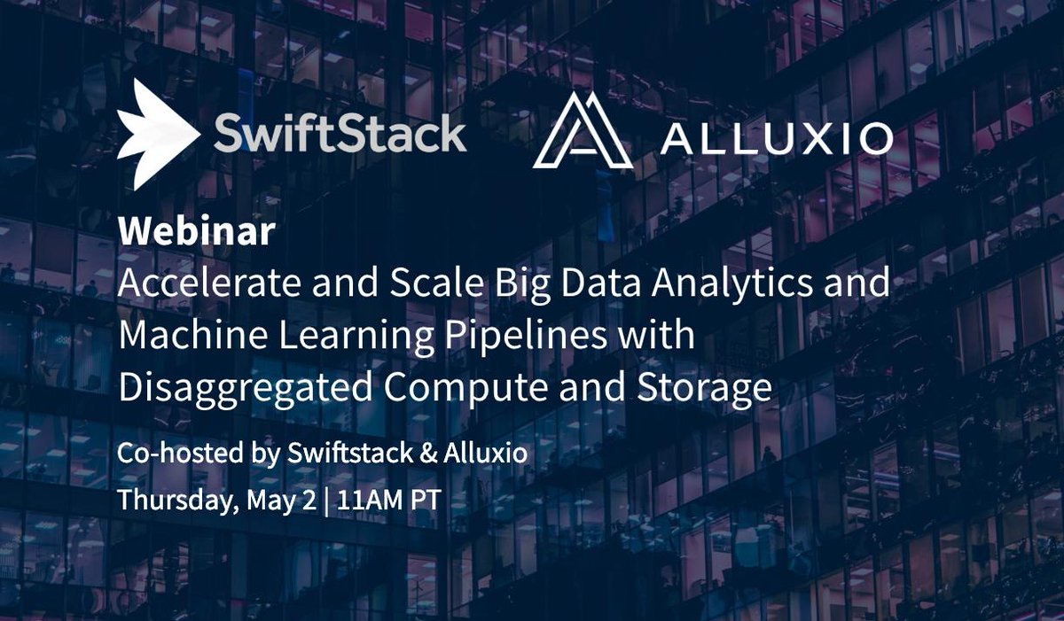 Alluxio's tweet image. Don't miss the @SwiftStack + Alluxio webinar tomorrow!
Learn how you can achieve 10X performance improvement & dramatically lower costs by running your #bigdata & #machinelearning workloads on the Alluxio + #SwiftStack solution: bit.ly/2IRN8KA