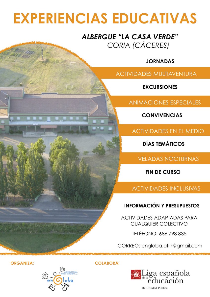 Viene el buen tiempo y es hora de disfrutar de las maravillosas actividades que Engloba Actividad Física E Inclusión te ofrece.

No esperes más y planifica con expertos y reserva ya tu actividad adaptada a cualquier colectivo en el maravilloso entorno de #Coria (#Cáceres).

#ocio