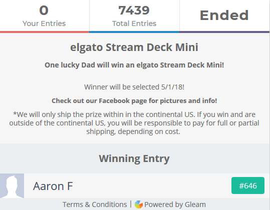 DadBodsGaming's tweet photo. A RANDOM WINNER HAS BEEN SELECTED! 

The lucky winner is "Aaron F." from Ft Worth, TX! We will reach out to you asap to get your Stream Deck Mini!

Thanks to everyone who entered! Stay tuned for more DBG giveaways! https://t.co/2cpjNlEMwc