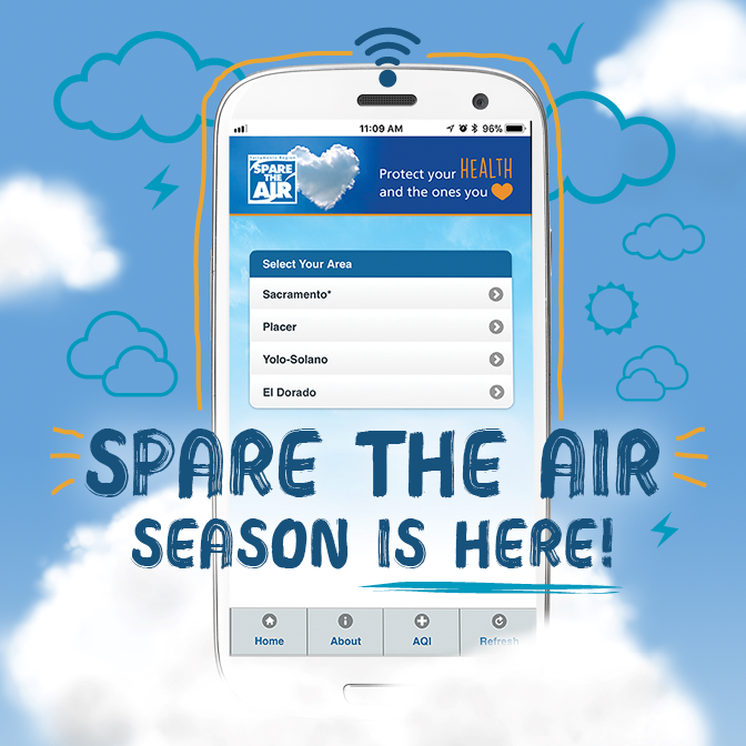 AQMD's tweet photo. #SpareTheAir season kicks off today! Download the FREE Sacramento Region #AirQuality app to stay updated on the daily air forecast this season. https://t.co/e9WckyjEFU