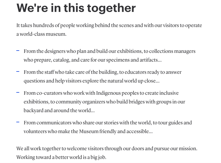 BlaireMoskowitz's tweet photo. My PhD case study on @FieldMuseum includes analysis of their "About" page... so impressed that I'm sharing:
- Not institutional voice, instead "our story began..."
- Credit to all staff (see image)
- Ends with "Science is for everyone. And we can’t wait to share it with you." https://t.co/l4yy1E9dvp