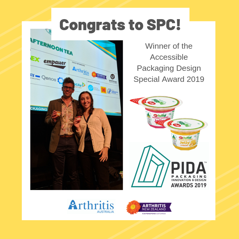 ArthritisAust's tweet image. The inaugural winner of PIDA Accessible Packaging Design Special Award 2019 was announced on Tuesday, &amp;amp; we are excited to announce the SPC ProVital Fruit in Jelly Range as the GOLD winner!
Read more: po.st/HglHH1
#packaging #accessiblepackaging #accessibledesign
