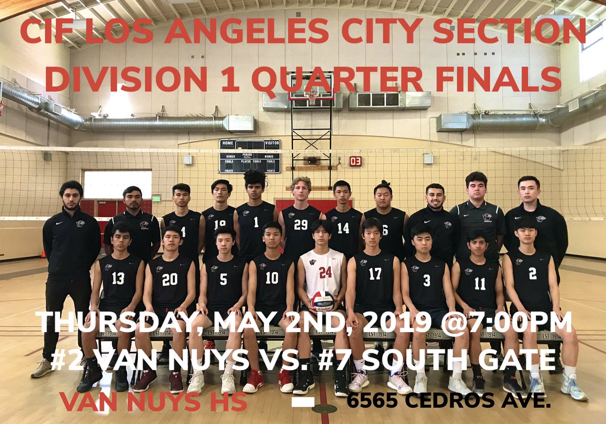 🚨Boys Volleyball🚨
🏐 - #2 Van Nuys vs. #7 South Gate
🚨 - @CIFLACS Division 1 Quarterfinals
🕑 - 7:00pm
📅 - Thursday, May 2nd
📍 - Van Nuys HS
🎟 - $3 Students with ID/ $5 Adults
📱 - @VanNuysVB / @sghs 
 #PackTheGym #SurviveAndAdvance