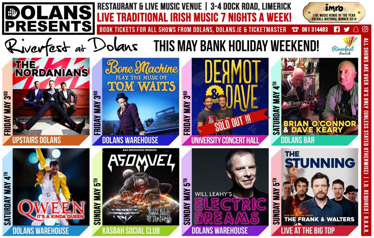 mydolans's tweet photo. .@RiverfestLmk '19 @mydolans #SaturdayEdition!
#Qween 'It's A Kinda Magic' live @mydolans Warehouse Saturday May 4, 9pm
@mydolans #WindowSessions with Brian O'Connor & Dave Keary, Saturday May 4, 10.30pm. Free admission!
https://t.co/JmURG4ESVA
🎟️ https://t.co/um6ffqwx8k https://t.co/HyttaFcNcV