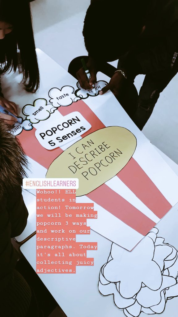 ArtNadya's tweet photo. Frontloading:My ELL👩‍🏫 created a popcorn display collaboratively&amp;collected some "juicy"adjectives to describe PopCorn using their 5 senses. Tomorrow we will be making popcorn 3 ways in the kitchen, then gettin' ready to write descriptive paragraphs @ELLcbe #ellcbe #WeAreCBE #yycbe https://t.co/In9DBcqTDi