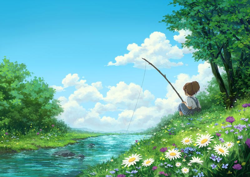 A fisherman near the lake anime style on Craiyon