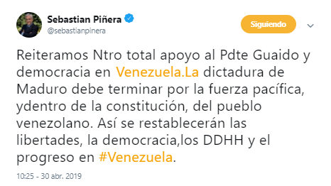 Gbastidas's tweet photo. El presidente @sebastianpinera dice que el régimen de Maduro debe terminar por la fuerza pacífica y dentro de la Constitución, y Globovisión titula que dijo que "debe terminar por la fuerza".

Así surgen los #fakenews, manipulando la información. https://t.co/tnGZNcuTYU