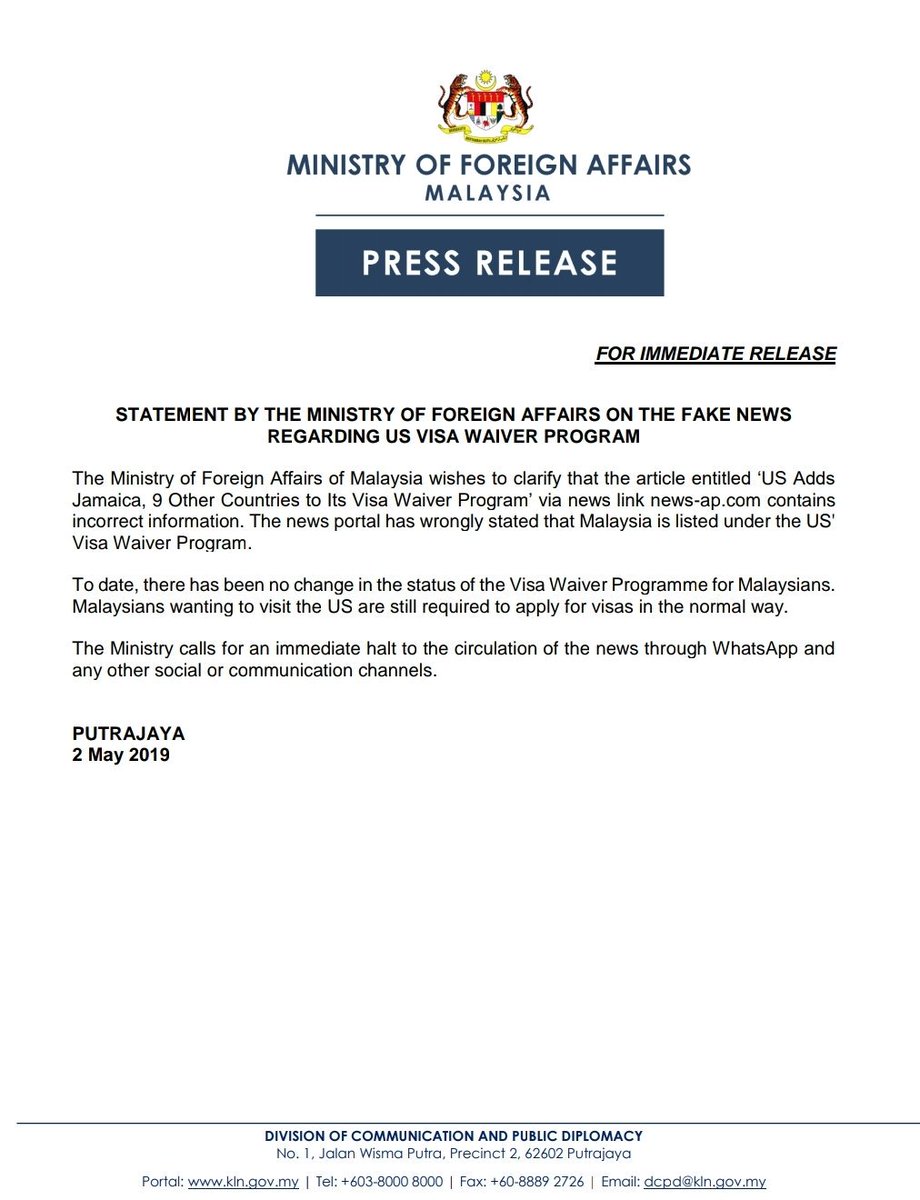 Wisma Putra On Twitter Press Release Statement By The Ministry Of Foreign Affairs On The Fake News Regarding Us Visa Waiver Program