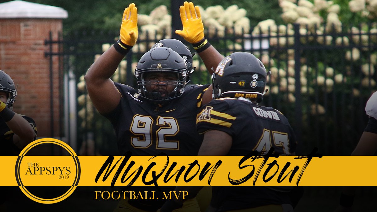 AppState_FB's tweet image. Congrats to two-time team captain, All-Sun Belt selection and New York Jets defensive tackle MyQuon Stout, who was named the team MVP tonight at the #APPSPYS2019 banquet.