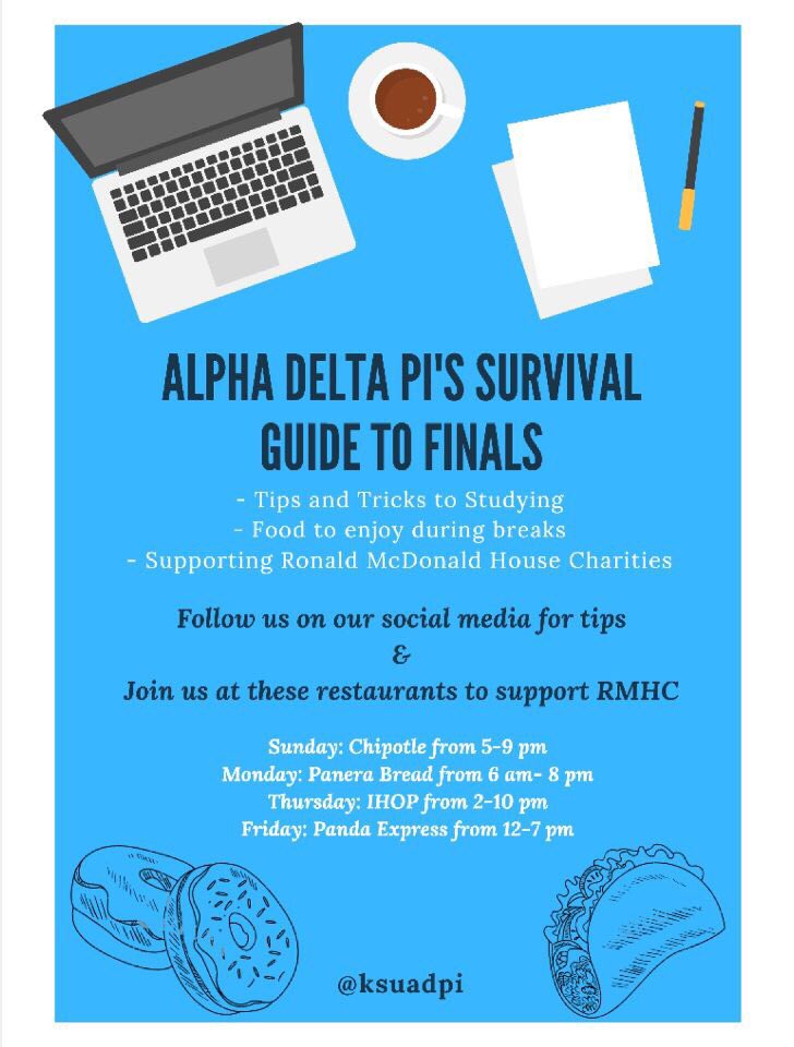 It’s about that time! Finals is rolling around and if you need a study break, stop by one of these resteraunts or watch a study tips video!! ~Tips and tricks on studying to come!~