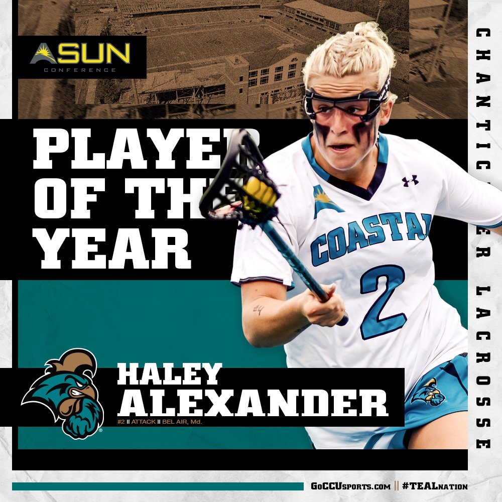 CoastalWLax's tweet photo. The programs first Player of the Year honor is the 2019 ASUN Player of the Year honor belongs to Haley Alexander! A leader on the field setting records in her final year of eligibility the programs all-time goal &amp; points scorer!!
#GRIT #GreatnessResidesInTeal #ASUNWLax https://t.co/Heu4e2aSqg