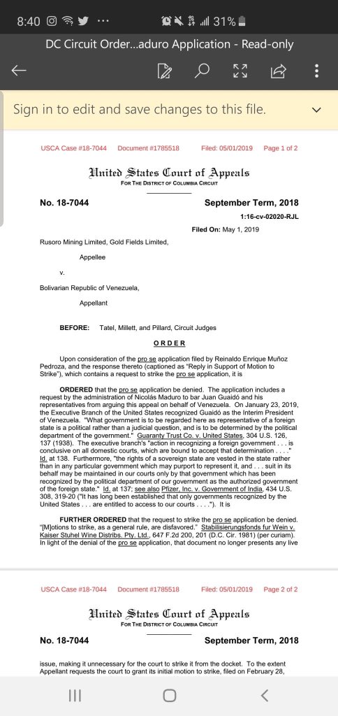 RCR750's tweet photo. Niegan recurso de Maduro para impedir que Guaidó represente a Venezuela en cortes de EEUU (orden judicial). https://t.co/TtTNMHkNXk