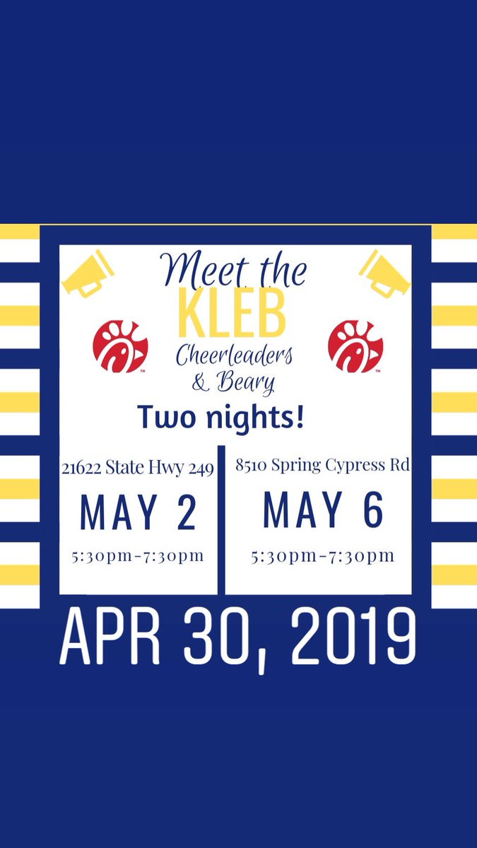 KlebCheer's tweet photo. Be on the lookout for Kleb Cheer Thursday morning during drop off! Weβre spreading the word about our upcoming spirit nights at @ChickfilA #cheerasone #KLEB https://t.co/hUVweUZwXa