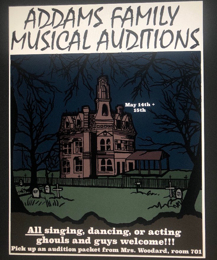 THEATREatSSHS's tweet photo. Auditions for next fall’s musical—The Addams Family—are in two weeks! Hope we see you there! https://t.co/XQdDhXU6RT