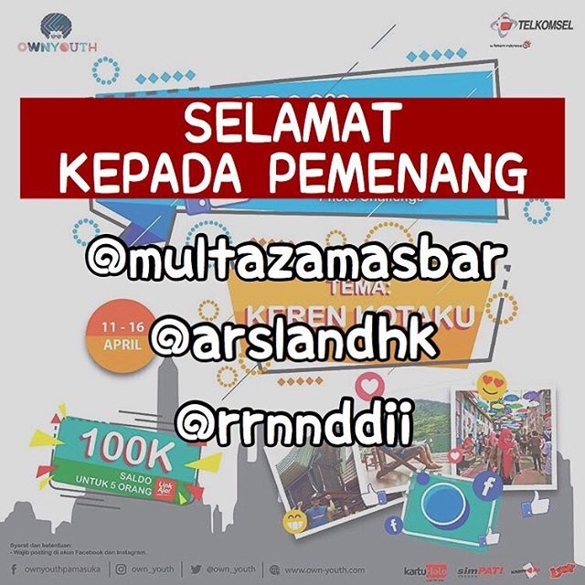 loopmakassar's tweet image. Selamat kepada para pemenang kontes foto #kerenkotaku . Jangan berhenti informasikan tempat-tempat keren yang ada di kota ta naahh!!!!
.
Sekalii lagii Selamat!!!
@own_youth 
#loopmakassar 
#own_youth 
#tsel4u 
#telkomsel bit.ly/2VLZCKF