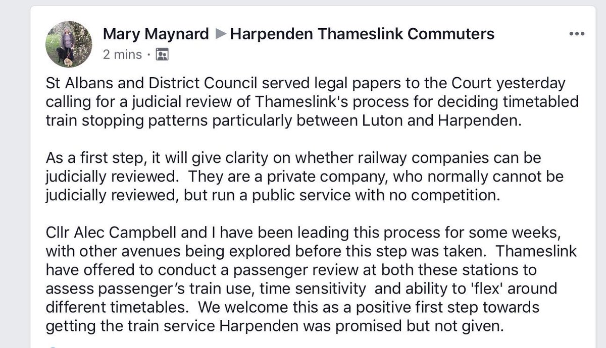 .<a href="/StAlbansCouncil/">St Albans Council</a> served legal papers to the Court yesterday calling for a judicial review of <a href="/TLRailUK/">Thameslink</a> processes which have resulted in Harpenden services being slashed and not restored #saveHPDtrains