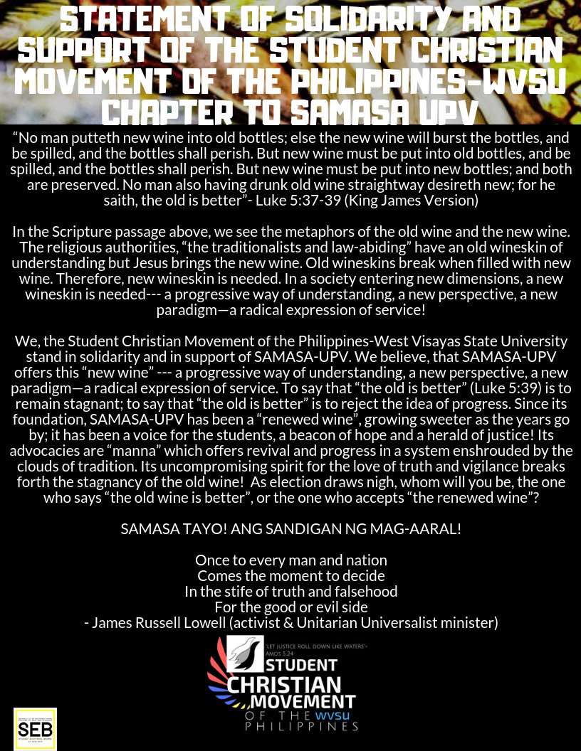 scmp_upv's tweet photo. We, the Student Christian Movement of the Philippines-WVSU Chapter stand in solidarity with SAMASA-UPV! Vote SAMASA! Padayon SAMASA!
#SAMASATayo
#SandiganNgMagAaral
#LabanSAMASAโโโ https://t.co/0IC9lsrEy5