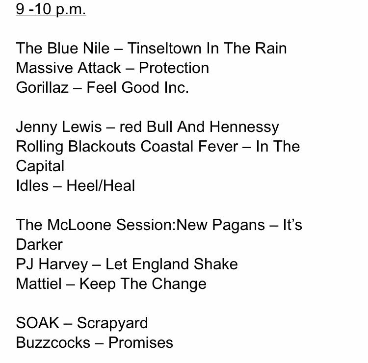 PMcLoone's tweet photo. Playlist from Wednesdays show. Including Session from @NewPagansBand new music from @FatWhiteFamily @MattielBrown @Soakofficial @ChemBros @TheNational @betamaxx80s feat @MayKapes The Paul McLoone Show Mon - Thurs 9pm @TodayFM #FirstForMusic https://t.co/kdJWptFMPM
