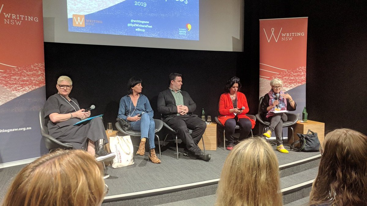 LukeJKendall's tweet photo. L to R: Anna Low, Rebecca Servadio, Joel Naoum, Sophie Masson, and panel chair Ashley Hay discussing: The Open Road (challenges and opportunity faced by the book #publishing industry), #fftt19 @SydWritersFest https://t.co/liLjiNphw7