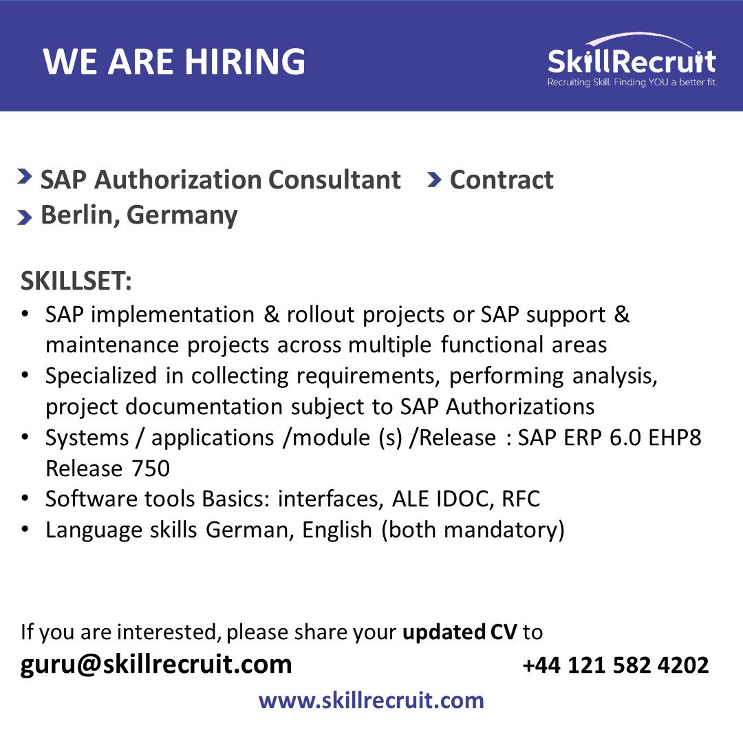 SkillRecruit's tweet photo. #Hiring #SkillRecruit #SAPAuthorization #Contract #Berlin #Germany #Skilliantech https://t.co/wgv19gGNms