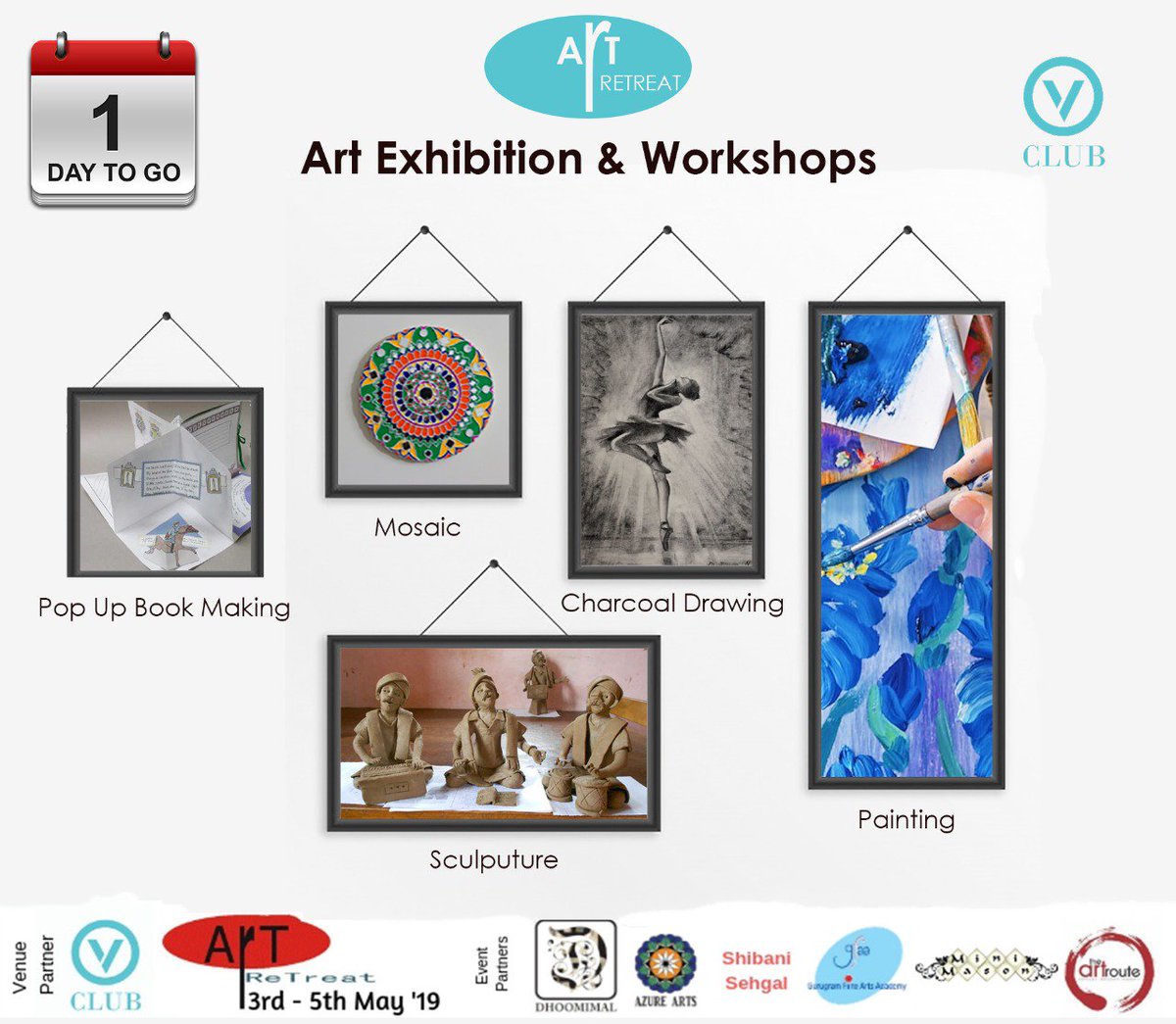 Art Retreat 
Treat the child in you "ONE DAY TO GO"
5 artists bringing you a collection of artworks.
Along with a walkthrough of the artworks, you have the unique opportunity.
From mosaic to sculptures, watercolors, canvas and more 
We bring you a weekend full of color.