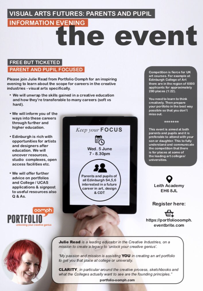 Visual Arts Futures Event:
For parents/carers and pupils interested in a future career in Art, Design and CDT. 
***Includes advice on UCAS/College applications and Portfolios***
Wed 5th June
7-8:30pm
Leith Academy
<a href="/ArtsGHS/">Miss G</a> 
<a href="/GracemountCDT/">GracemountHS-CDT</a>