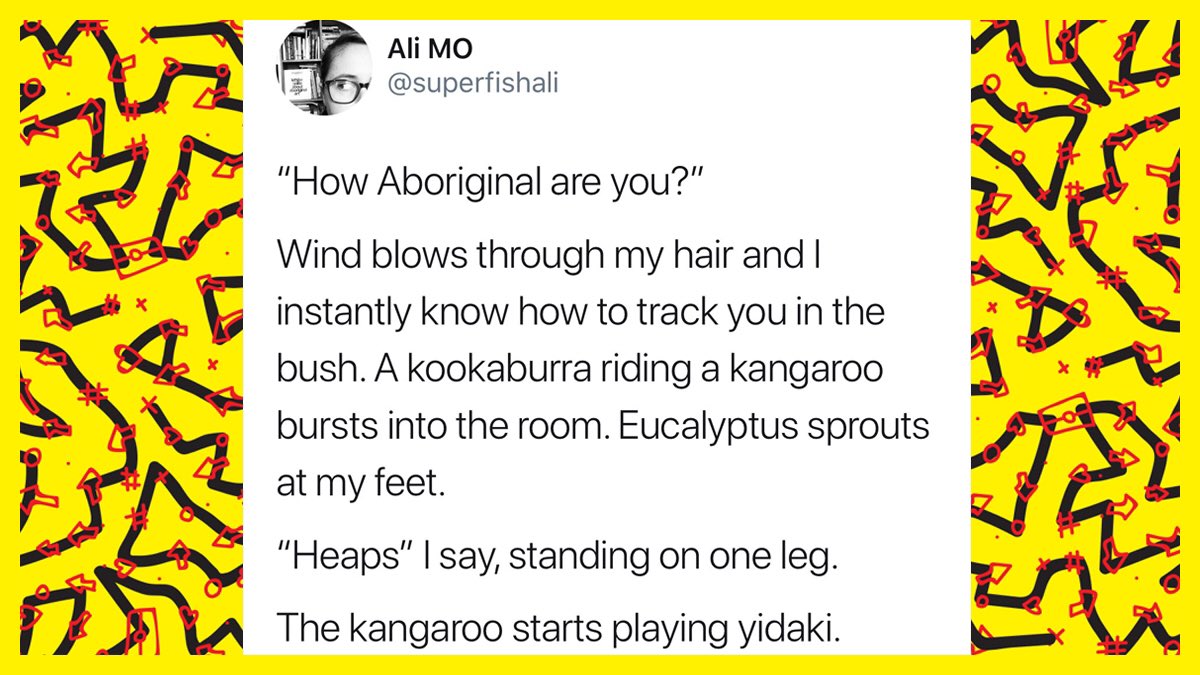 ABCIndigenous's tweet photo. @superfishali comes through with the Best of Black Twitter 🏆 this week (@shareenaclanton with the assist 🏀🏀🏀).
Based on the original post by @MedievalNative.
#Indigenous #Aboriginal #FirstNations #comedy #bestofblacktwitter #TwitterMVP https://t.co/egGRbal6tc