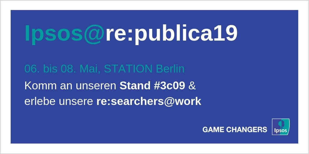 IpsosGermany's tweet photo. Am Montag beginnt in #Berlin die re:publica, Europas größte Digital- und Gesellschaftskonferenz. Als offizieller Marktforschungspartner ist Ipsos auch 2019 wieder am Start. Komm auch du vorbei und erlebe unsere re:searchers@work am Stand #3c09. https://t.co/UvhFHJSEQh #rp19 https://t.co/L3sadhG7ik