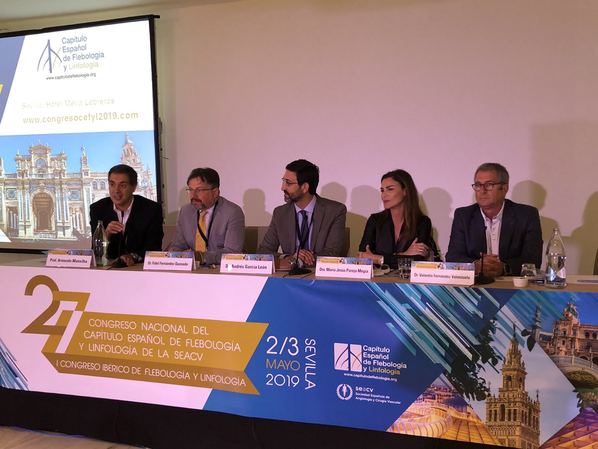 Tras la 1ª mesa de debate conjunta entre Portugal y España, tiene lugar la inauguración oficial de #CEFYL19. Nos acompañan los presidentes de la <a href="/seacv_esp/">Sociedad Española de Angiología y Cirugía Vascular</a>, Valentín Fernández, y la sociedad homóloga de Portugal, Armando Mansilha, así como la dtra <a href="/AGSSurSevilla/">AGS Sur de Sevilla</a>, Mª Jesús Pareja