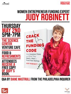In the Philly area tonight?  Catch @judyrobinett talking about her book at the <a href="/UCScienceCenter/">Science Center</a>.  Event starts at 5pm! #Entrepreneur #fundraising #funding