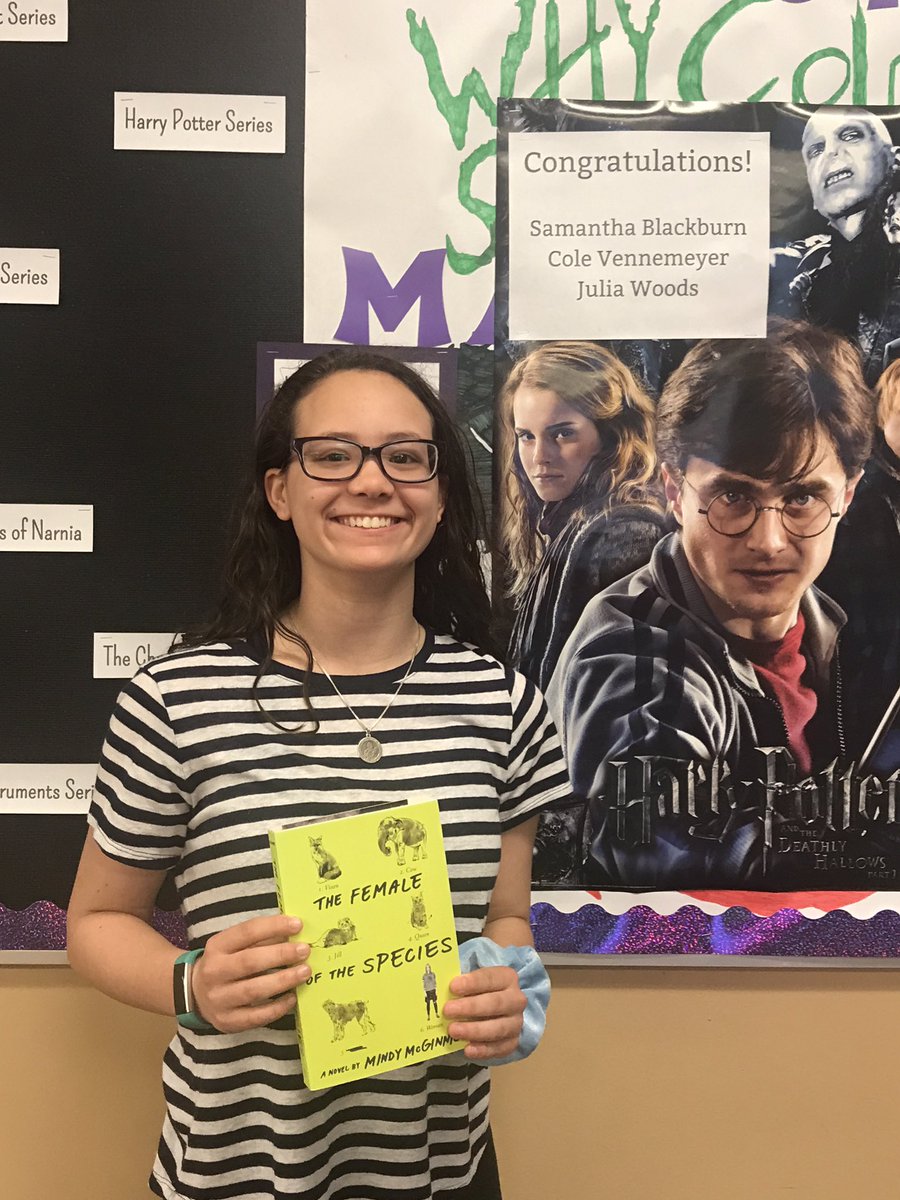 BWHS_IC's tweet photo. The final winner of Mack Madness 2019 is Samantha! @MindyMcGinnis  helped me congratulate Samantha by signing a copy of her awesome book, The Female of the Species.  @AndyJados https://t.co/PfjSLG7Q1Q