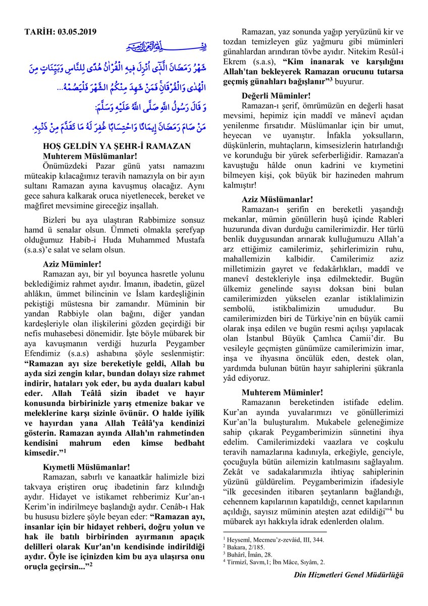 Haftanın Hutbesi (HOŞ GELDİN YA ŞEHR-İ RAMAZAN - 03.05.2019) Hutbeler: www2.diyanet.gov.tr/DinHizmetleriG… #Hutbe #HaftanınHutbesi #CumaHutbesi #Diyanet