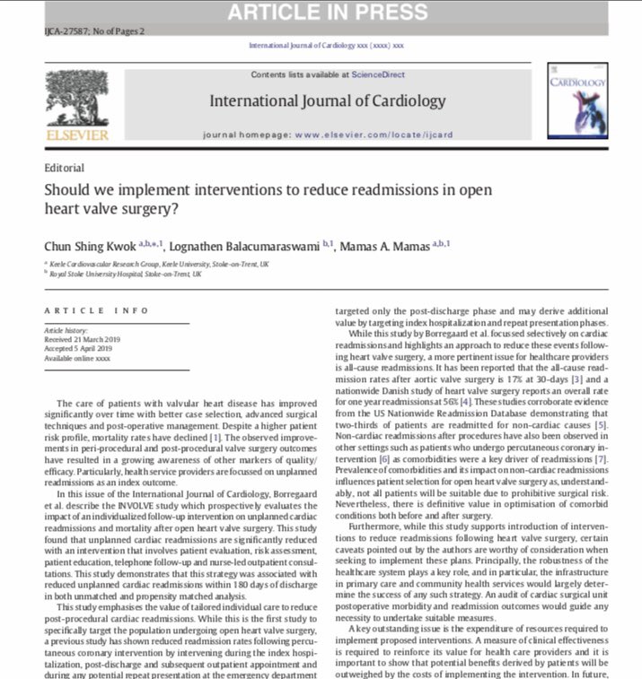 DrShingKwok's tweet photo. Our editorial on INVOLVE study demonstrating an intervention to reduce CV readmissions after heart valve surgery. There is a need to consider all-cause readmissions not just CV and whether benefits outweigh resources needed for implemention. @mmamas1973 https://t.co/nREVDmFMaa