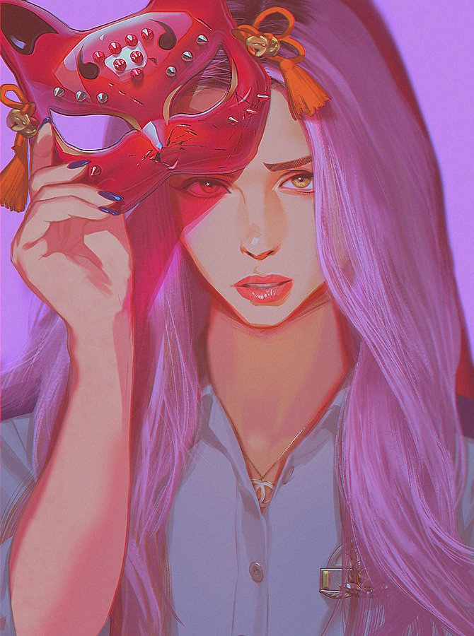 1girl solo holding mask mask long hair purple background holding  illustration images