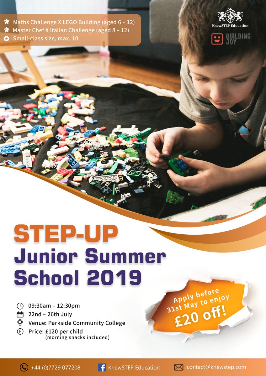 knewstepedu's tweet photo. KnewSTEP partners with Building Joy this summer to present the unique and fun ‘STEP-UP’ junior summer school for kids to step up and shine. Are you ready to STEP UP and Shine? #summer2019 #lego #chef #KnewSTEP #BuildingJoy

Read more: https://t.co/dFq2YzbVvg
@buildingjoyuk https://t.co/v58FkhSGQf